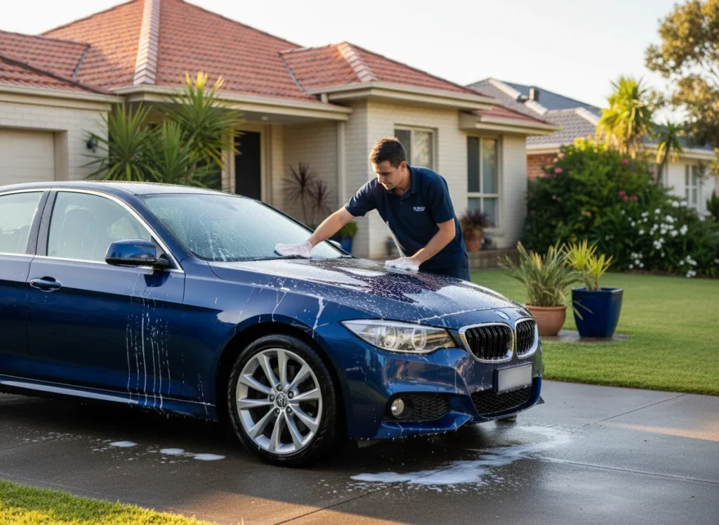 Mobile car wash on a home driveway in Wollongong